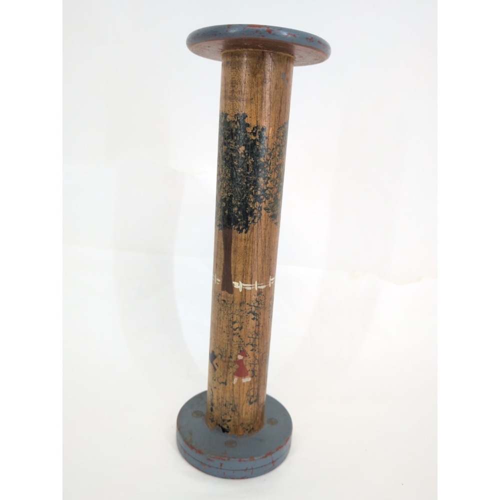 VTG Wood Spool 9" Folk Art Painted Wooden Industrial Cottagecore Sewing  Spindle
